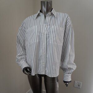 Brunello Cucinelli Monili White Brown Stripe Blouse Button Down Shirt Size M